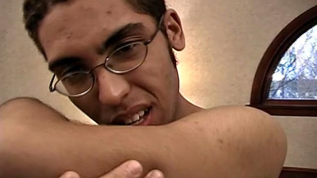 This skinny 19 year old nerd boy with a nasty mouth strips down and hops on the bed for a solo jack off. Zander Lee fingers himself, while stroking his cock, and after a nice long show he finally pumps out a load onto his tummy.
