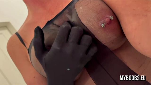 milf spitting cum on tits and pierced nipples