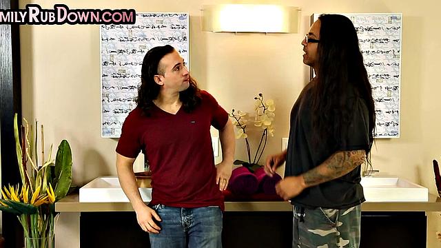 Stepmom with big fake tits massaging lesbian 21yo