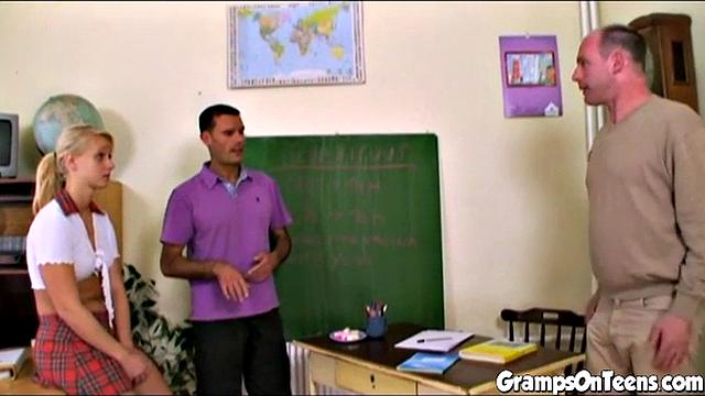 Schoolgirl in threeway cock fucking session