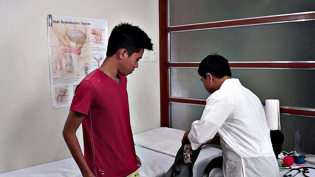 Hairy Asian twink toyed with dildo at doctor's office