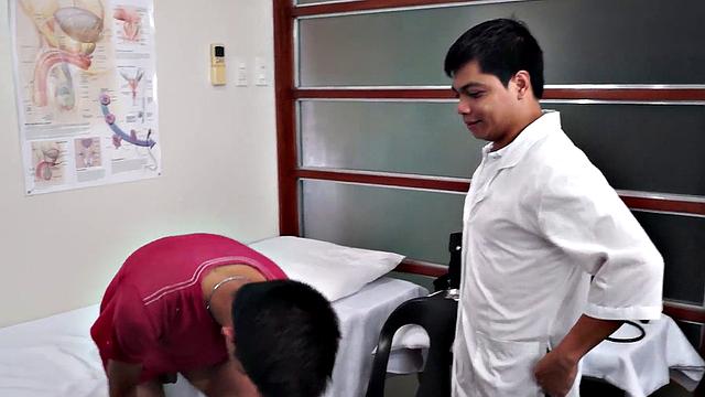 Hairy Asian twink toyed with dildo at doctor's office