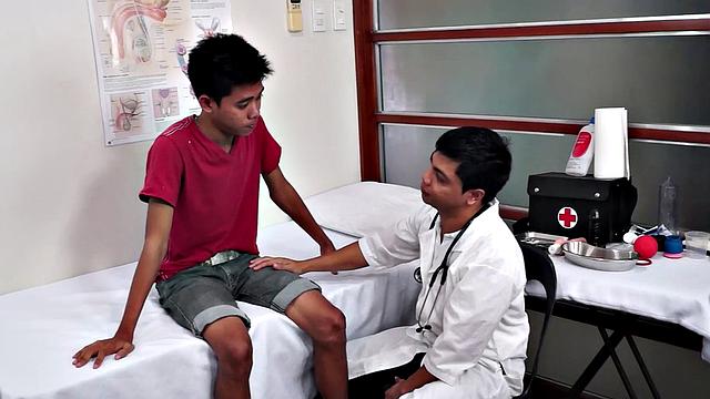 Hairy Asian twink toyed with dildo at doctor's office