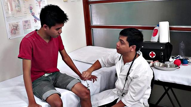Hairy Asian twink toyed with dildo at doctor's office