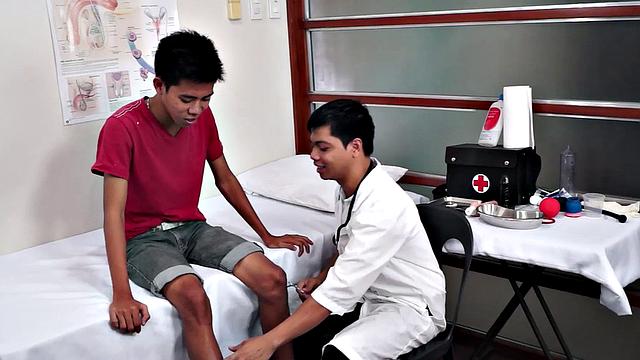 Hairy Asian twink toyed with dildo at doctor's office