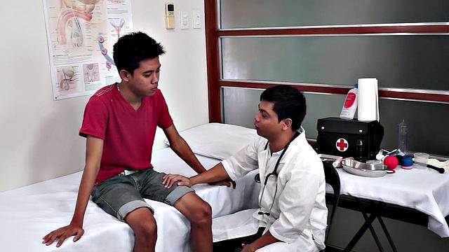Hairy Asian twink toyed with dildo at doctor's office