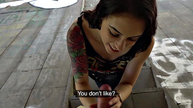 A tattooed beauty give a sloppy POV handjob and blowjob until she climaxes in a messy creampie