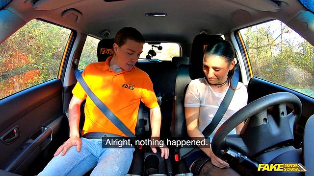 Tattooed brunette fucks for license