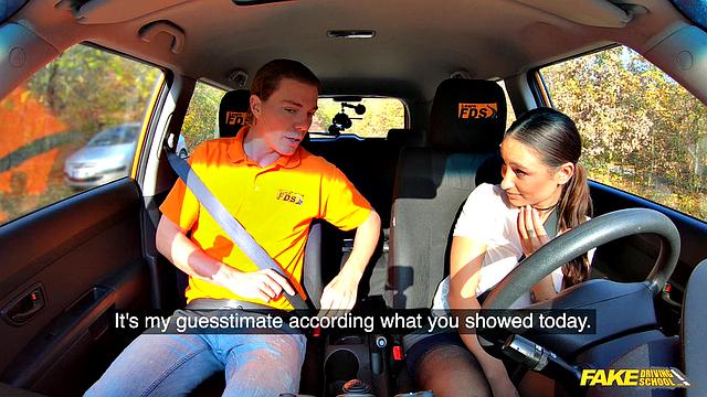 Tattooed brunette fucks for license