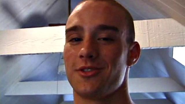 A shaved head and a naughty but nice looks belong to Kenny. Already shirtless, he pulls his pants and boxers down around his ankles and gets to work on his thick cock.