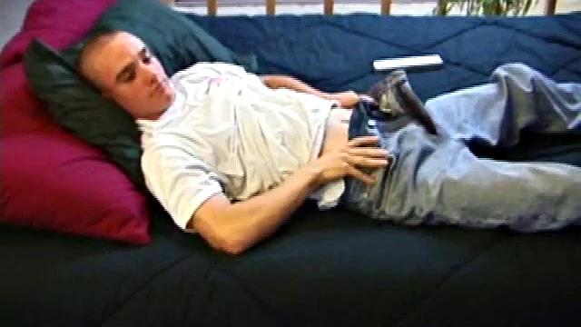 A shaved head and a naughty but nice looks belong to Kenny. Already shirtless, he pulls his pants and boxers down around his ankles and gets to work on his thick cock.