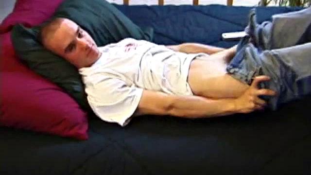 A shaved head and a naughty but nice looks belong to Kenny. Already shirtless, he pulls his pants and boxers down around his ankles and gets to work on his thick cock.