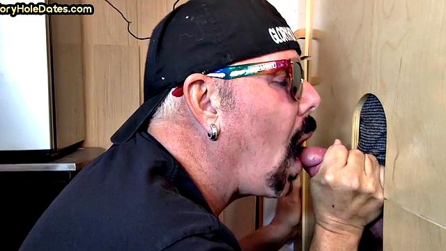 Gloryhole blowjob gaydaddy barebacked in jockstrap