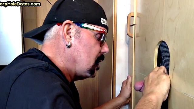 Gloryhole blowjob gaydaddy barebacked in jockstrap