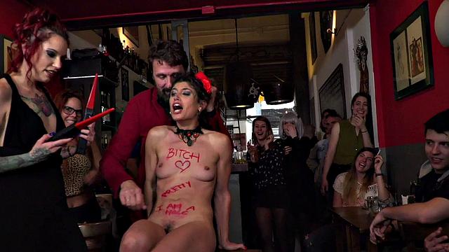 Hairypussy babe fucked in humiliation group sex