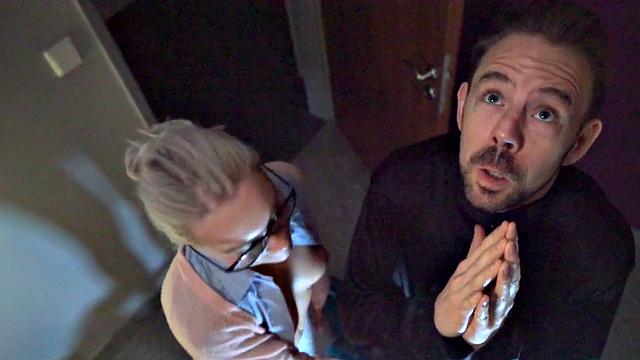 Nerdy hostel babe rides manager while loud moaning