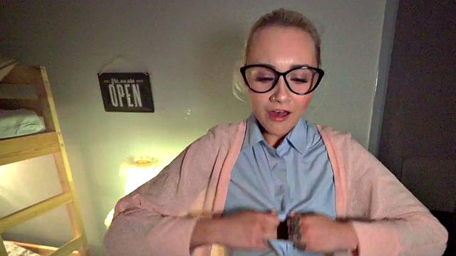 Nerdy hostel babe rides manager while loud moaning