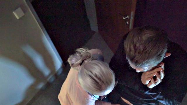 Nerdy hostel babe rides manager while loud moaning