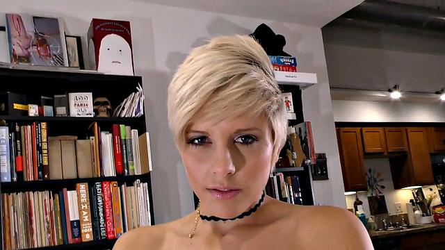 Tugjob POV babe with short hair jerks and talks dirty