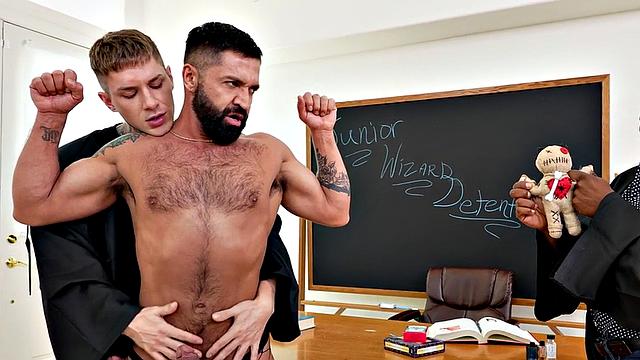 Mesmerized professor fucks black and white stud in 3way