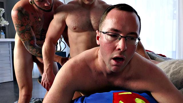 Bottom with glasses barebacked in cosplay by jocks