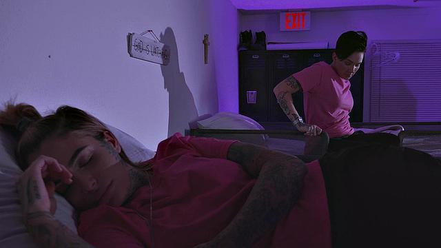 Femdom inked babe strapon fucks priest's ass in church dorm