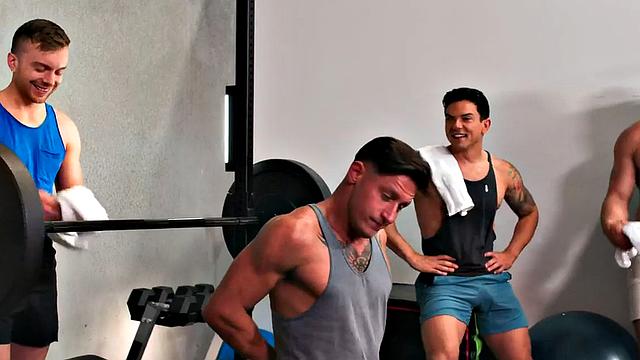 Inked gym stud barebacks hunky on bench press