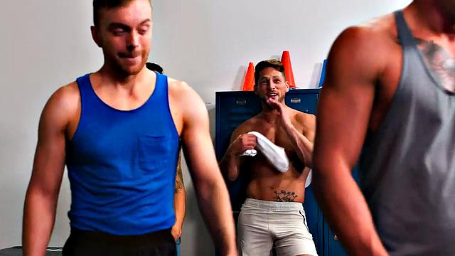 Inked gym stud barebacks hunky on bench press