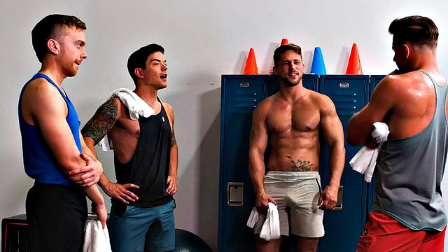 Inked gym stud barebacks hunky on bench press