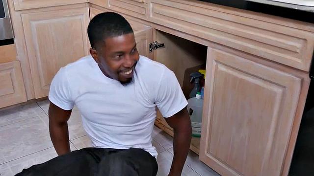 VIP4K. Sexy brunette seduces plumber and jumps on his hard rod