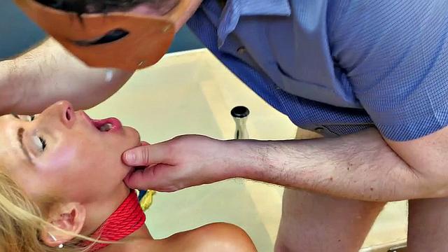 Blonde MILF gets her tight ass dominated & face creamed by two guys in MMF anal threesome