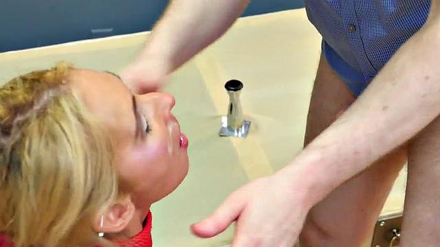 Blonde MILF gets her tight ass dominated & face creamed by two guys in MMF anal threesome