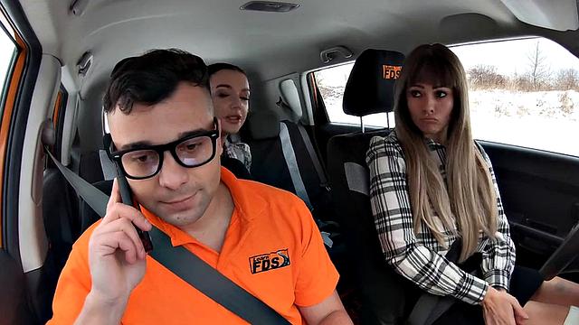 Driving students give head to instructor