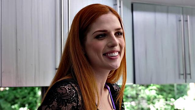 Fiery redhead Scarlett Mae fucks husband's friend after masturbating