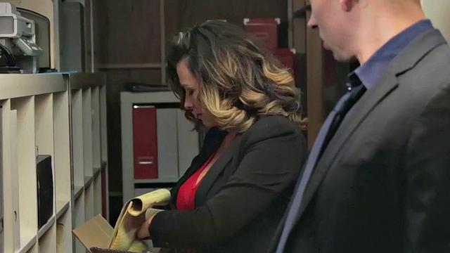 Office babe with huge tits gets off on dick and pussy play