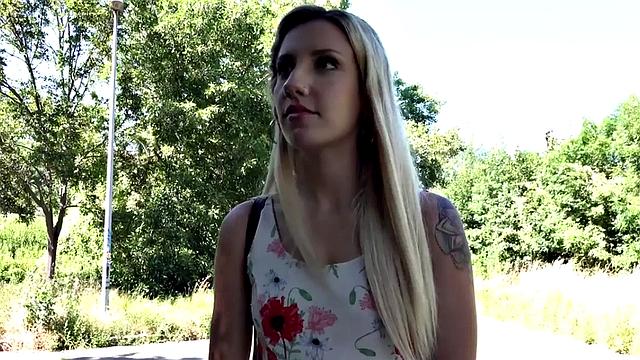 Deepthroating POV tattoo teen gets outdoor fuck for money