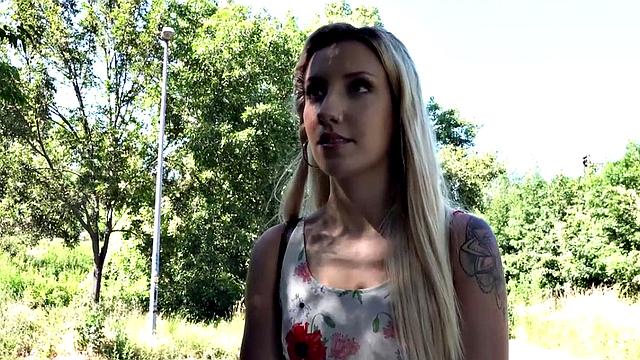 Deepthroating POV tattoo teen gets outdoor fuck for money