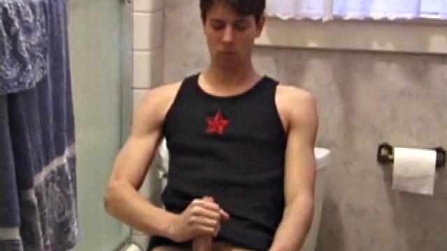 Dan Doe and Jayden have a little bet. Dan claims he can stand on the bathroom counter and shoot his load over onto the shower doors, 5 feet away. $10 is on the table and then $20. Jayden sits on the toilet and plays with himself.