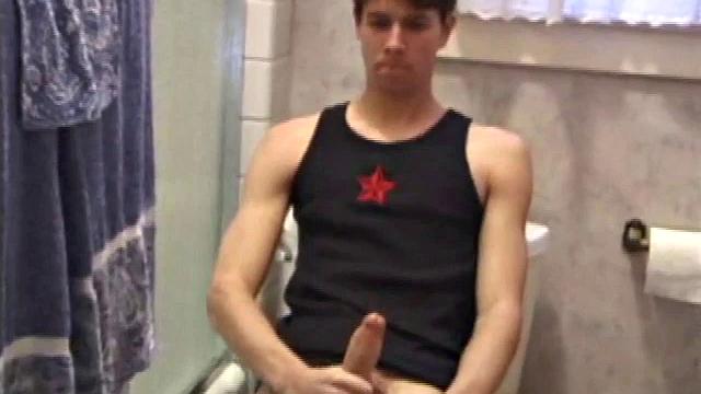 Dan Doe and Jayden have a little bet. Dan claims he can stand on the bathroom counter and shoot his load over onto the shower doors, 5 feet away. $10 is on the table and then $20. Jayden sits on the toilet and plays with himself.