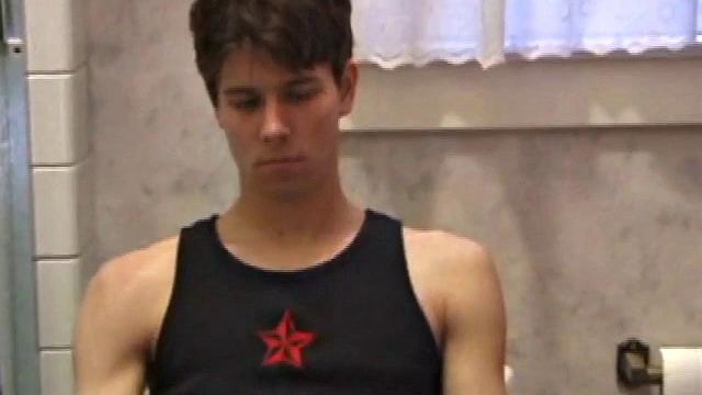 Dan Doe and Jayden have a little bet. Dan claims he can stand on the bathroom counter and shoot his load over onto the shower doors, 5 feet away. $10 is on the table and then $20. Jayden sits on the toilet and plays with himself.