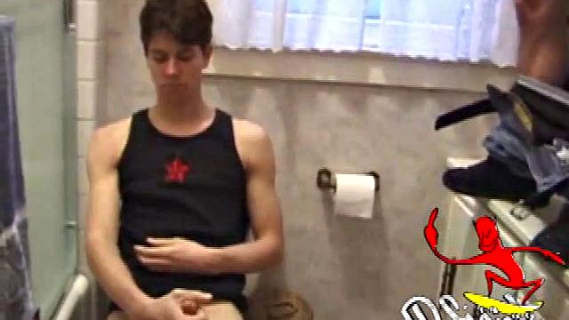 Dan Doe and Jayden have a little bet. Dan claims he can stand on the bathroom counter and shoot his load over onto the shower doors, 5 feet away. $10 is on the table and then $20. Jayden sits on the toilet and plays with himself.