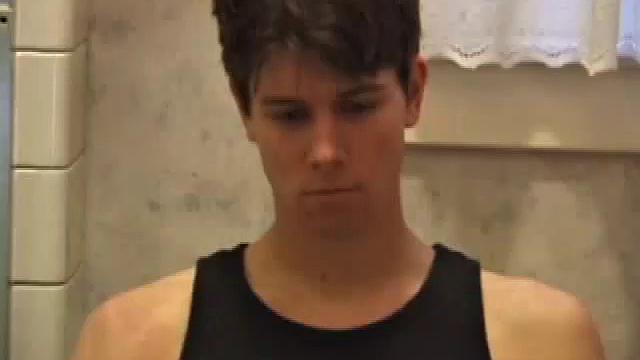 Dan Doe and Jayden have a little bet. Dan claims he can stand on the bathroom counter and shoot his load over onto the shower doors, 5 feet away. $10 is on the table and then $20. Jayden sits on the toilet and plays with himself.