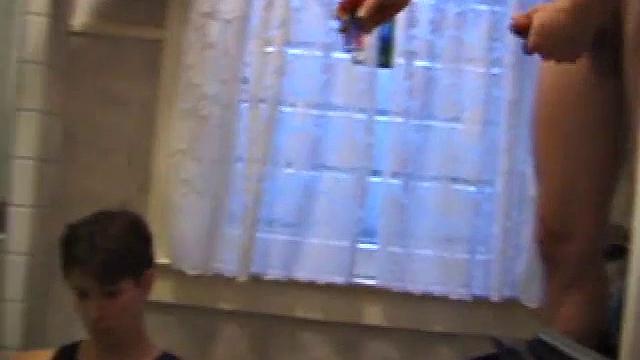 Dan Doe and Jayden have a little bet. Dan claims he can stand on the bathroom counter and shoot his load over onto the shower doors, 5 feet away. $10 is on the table and then $20. Jayden sits on the toilet and plays with himself.