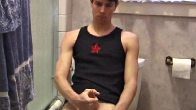 Dan Doe and Jayden have a little bet. Dan claims he can stand on the bathroom counter and shoot his load over onto the shower doors, 5 feet away. $10 is on the table and then $20. Jayden sits on the toilet and plays with himself.