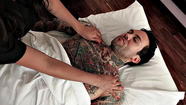 Big Tit Brunette Masseuse Massaging Rockstar Cock With Her Pussy