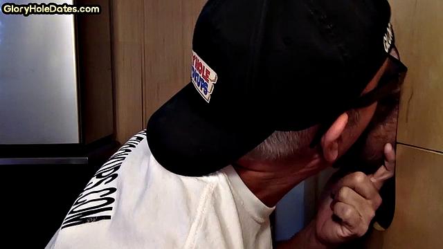 Moustache mature gay sucks gloryhole rod till cumming in mouth