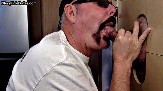 Moustache mature gay sucks gloryhole rod till cumming in mouth