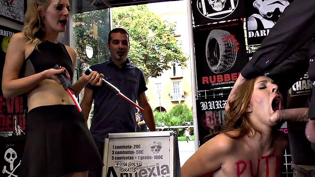 Public ginger zapped and toyed after sucking cock