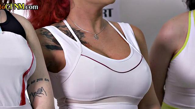 CFNM tennis babes jerk coach in 4some after practice