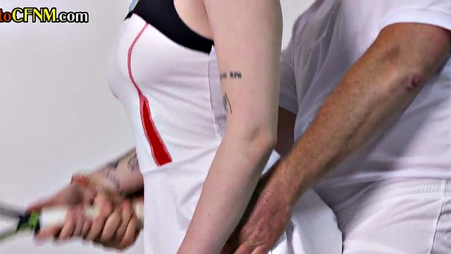 CFNM tennis babes jerk coach in 4some after practice